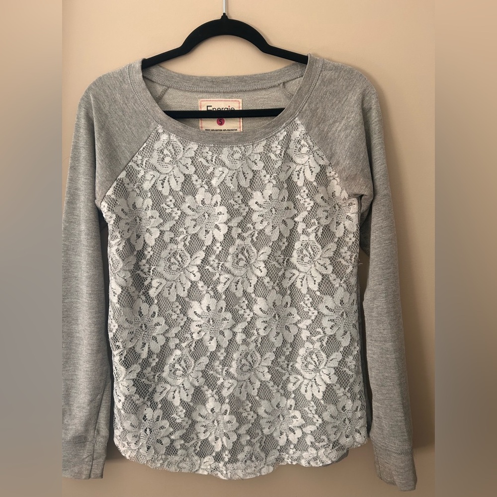Grey Lace-Front Raglan Sweatshirt